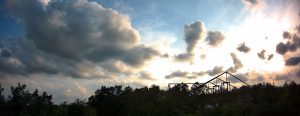 Puffy clouds play catch at sunset